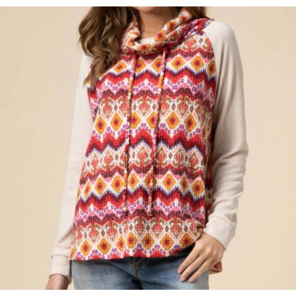 Entro Sweater Womens Small Multicolored Pink Geometric Cowl Neck Lightweight